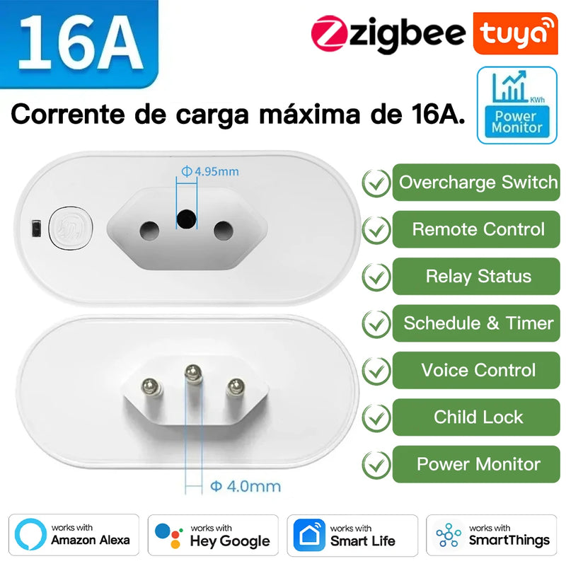 Adaptador TNCE Tuya para tomada brasileira de 16/20A, tomada WIFI ou Zigbee com monitor de energia, controle inteligente de saída, compatível com comando de voz do Google Home Alexa.