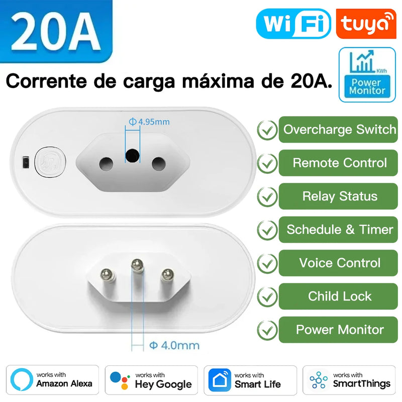 Adaptador TNCE Tuya para tomada brasileira de 16/20A, tomada WIFI ou Zigbee com monitor de energia, controle inteligente de saída, compatível com comando de voz do Google Home Alexa.