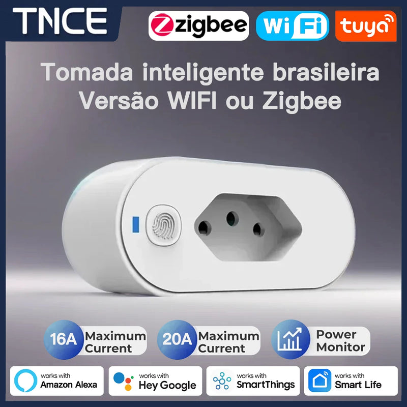 Adaptador TNCE Tuya para tomada brasileira de 16/20A, tomada WIFI ou Zigbee com monitor de energia, controle inteligente de saída, compatível com comando de voz do Google Home Alexa.